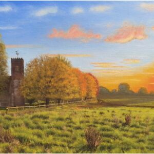 Oil Carlton church in sunset by Joe Stevens