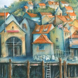 watercolour Staithes harbour by Caryn Noad